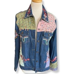 🌸 Carrie Allen Embellished Denim Jacket – Floral Beaded Patchwork - Large